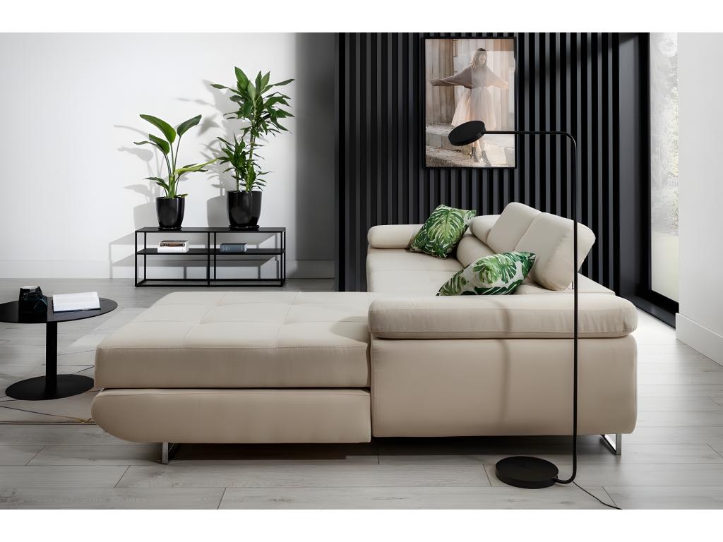 Canapé d'angle convertible Ventoriq en tissu luxe 5 places beige avec coffre angle droit vu de face IPOQ08465