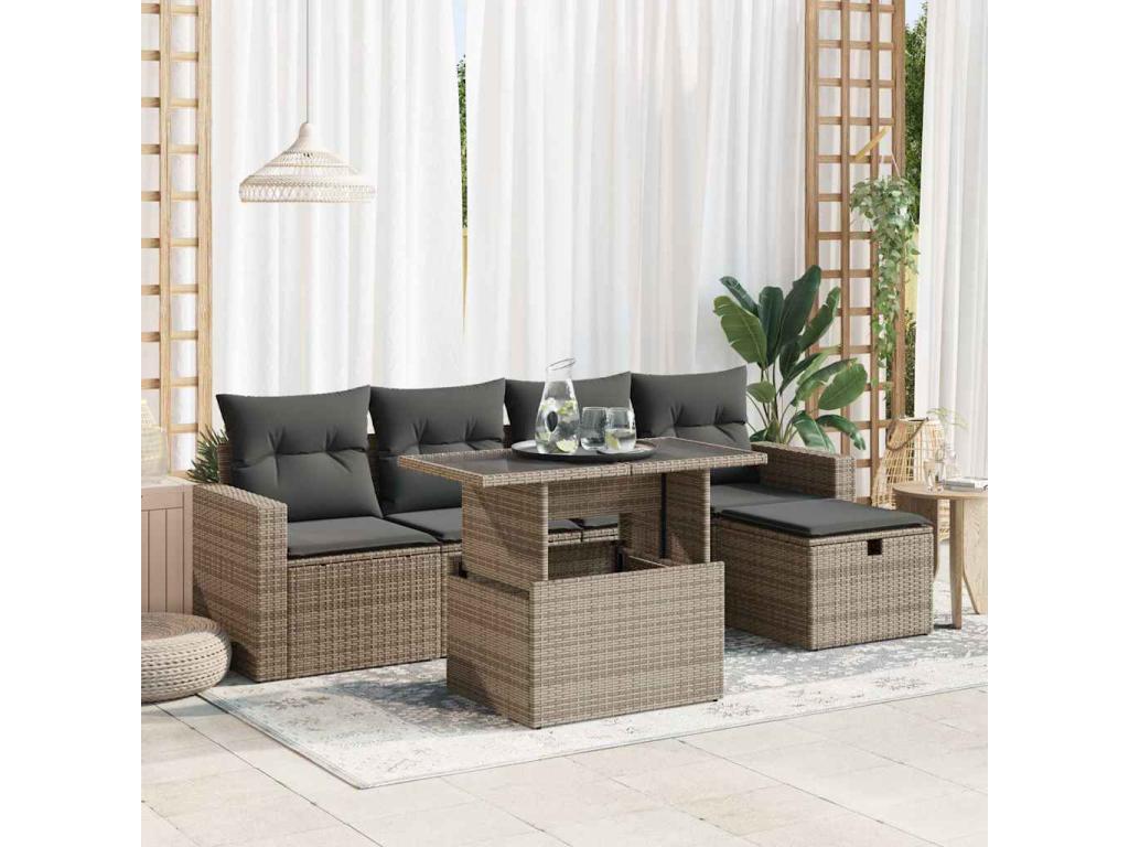 Salon de jardin 6 pcs avec coussins gris résine tressée OJVY56964