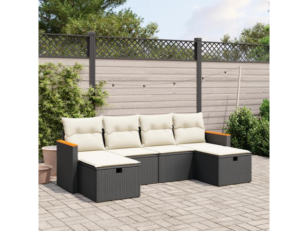 Salon de jardin 6 pcs avec coussins noir résine tressée EIEE93536