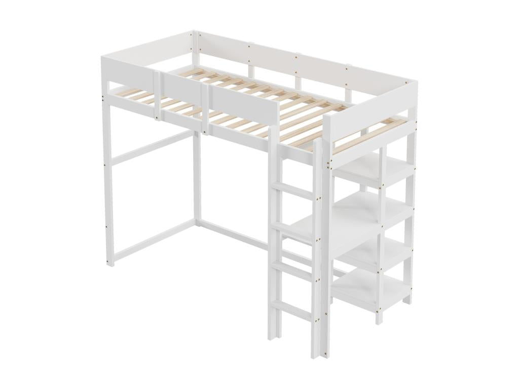 Lit mezzanine 90x200 cm avec étagère de rangement pour enfant - bois de pin et MDF - blanc ZPUH28338