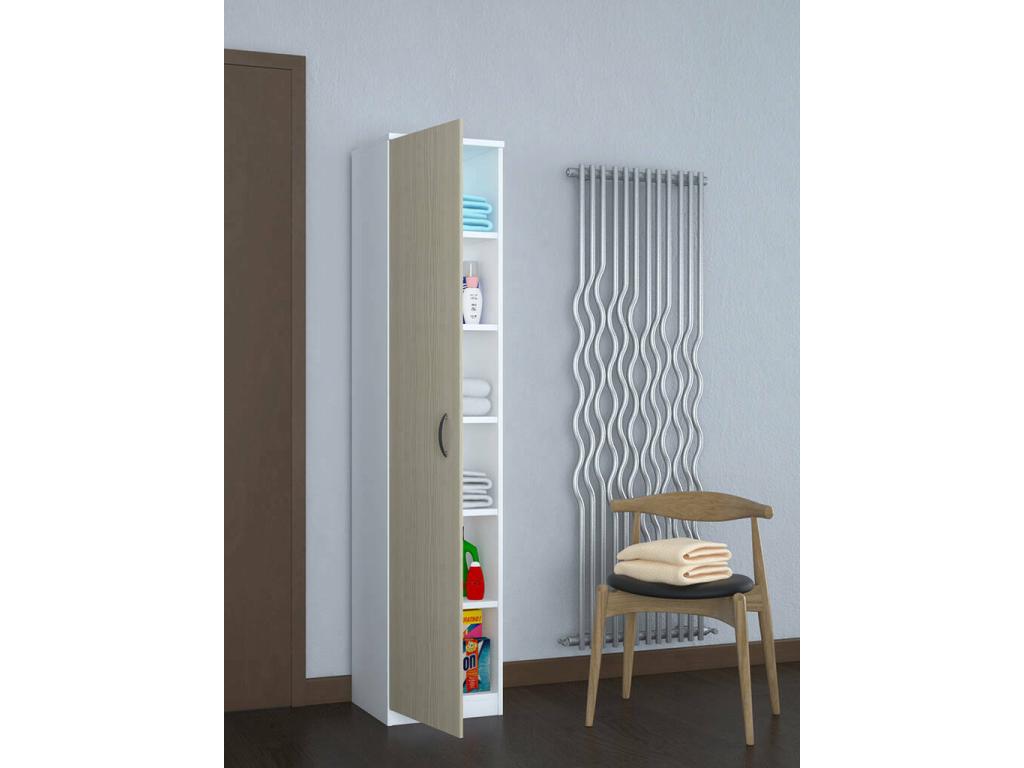 Armoire polyvalente 1 porte Ventoriq Meubles multifonctionnels Casier à chaussures Garde-robe à balais Made in Italy 40x36h186 cm Blanc et chêne YQUI70384
