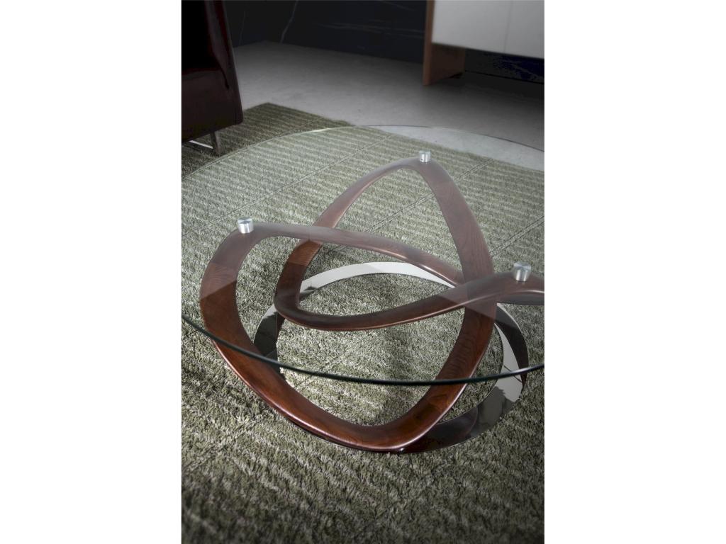 Table basse ronde plateau verre structure courbée bois massif base ronde acier chromé VGJA09044