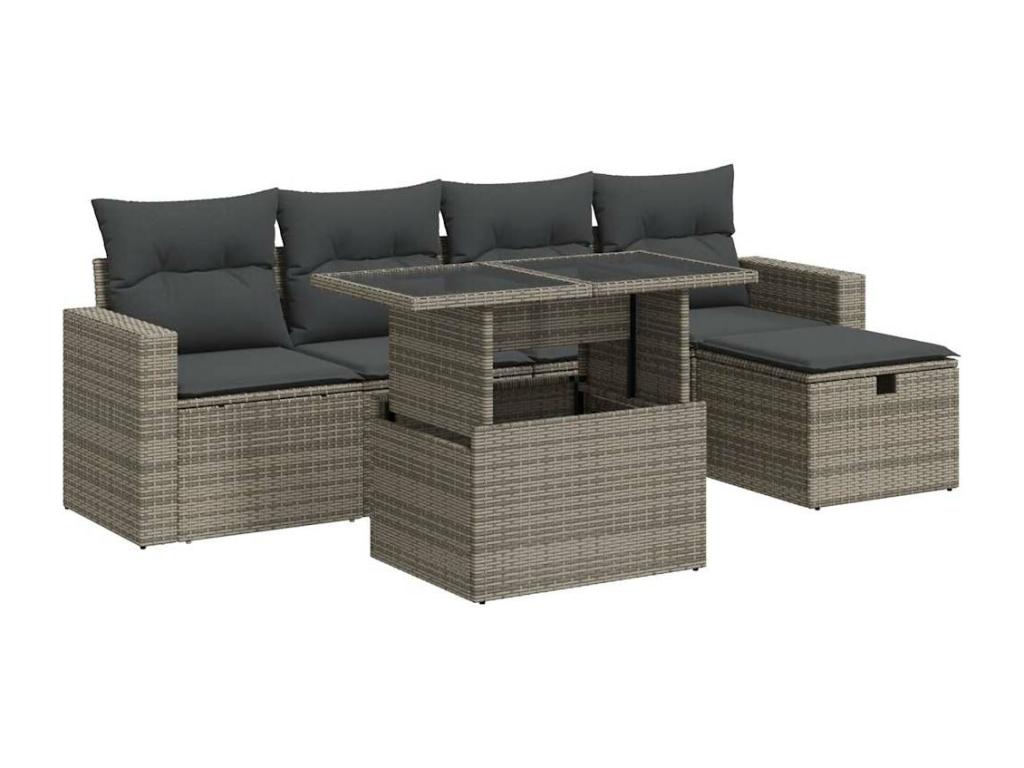 Salon de jardin 6 pcs avec coussins gris résine tressée OJVY56964