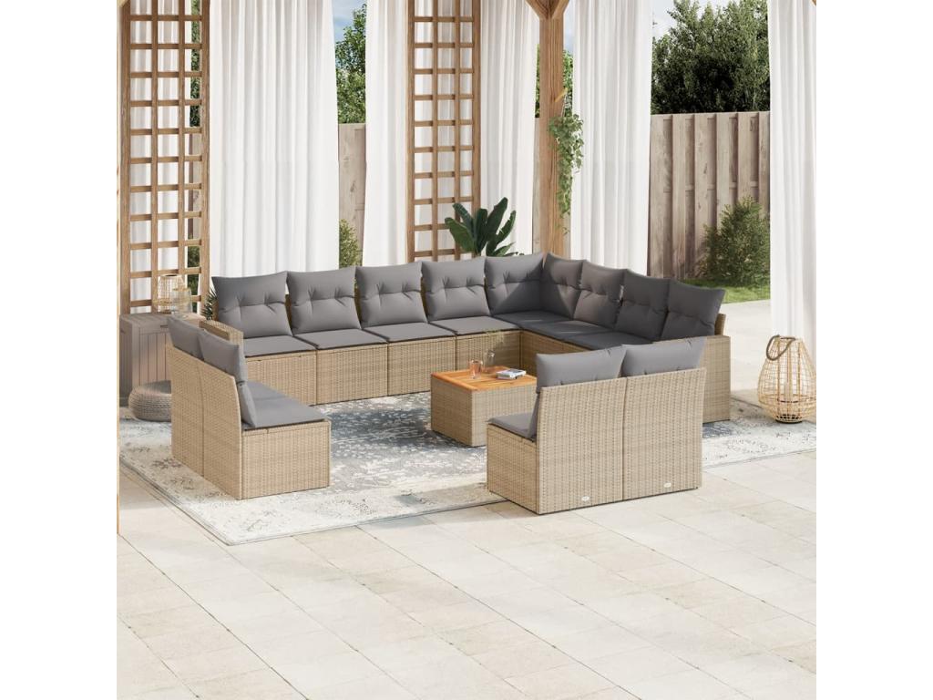 Salon de jardin et coussins 13 pièces méBoislis beige résine tressée YOQJ73977