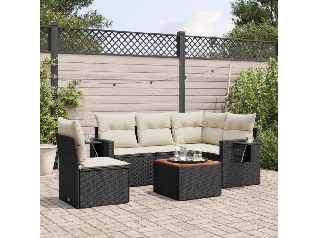 Salon de jardin 6 pcs avec coussins noir résine tressée ITYZ37880
