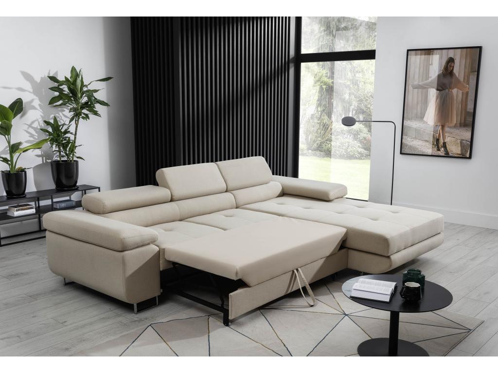 Canapé convertible d'angle droit tissu gris chiné et simili cuir noir avec rangement Ventoriq 280cm KLXK22522