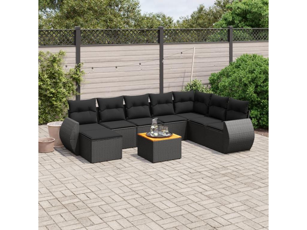 Salon de jardin 9 pcs avec coussins noir résine tressée HBVE03130