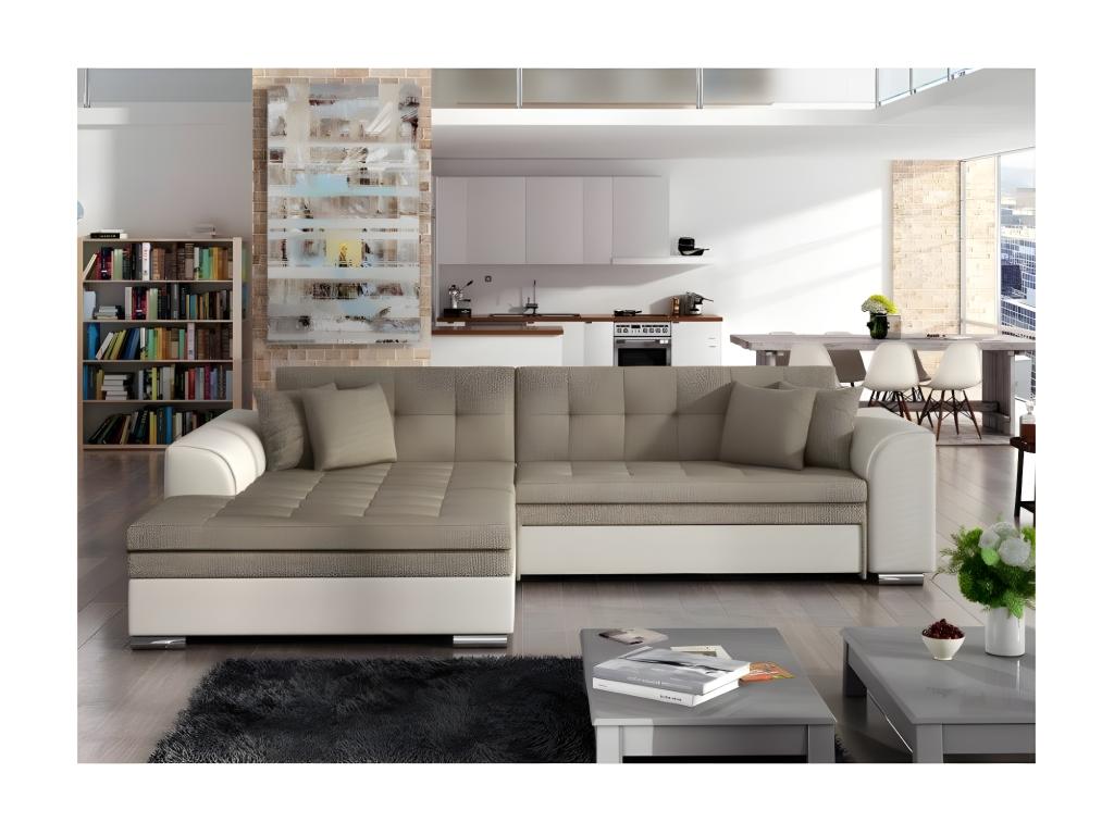 Canapé d'angle gauche convertible 4 places tissu et simili beige Ventoriq 295cm RQMP83766