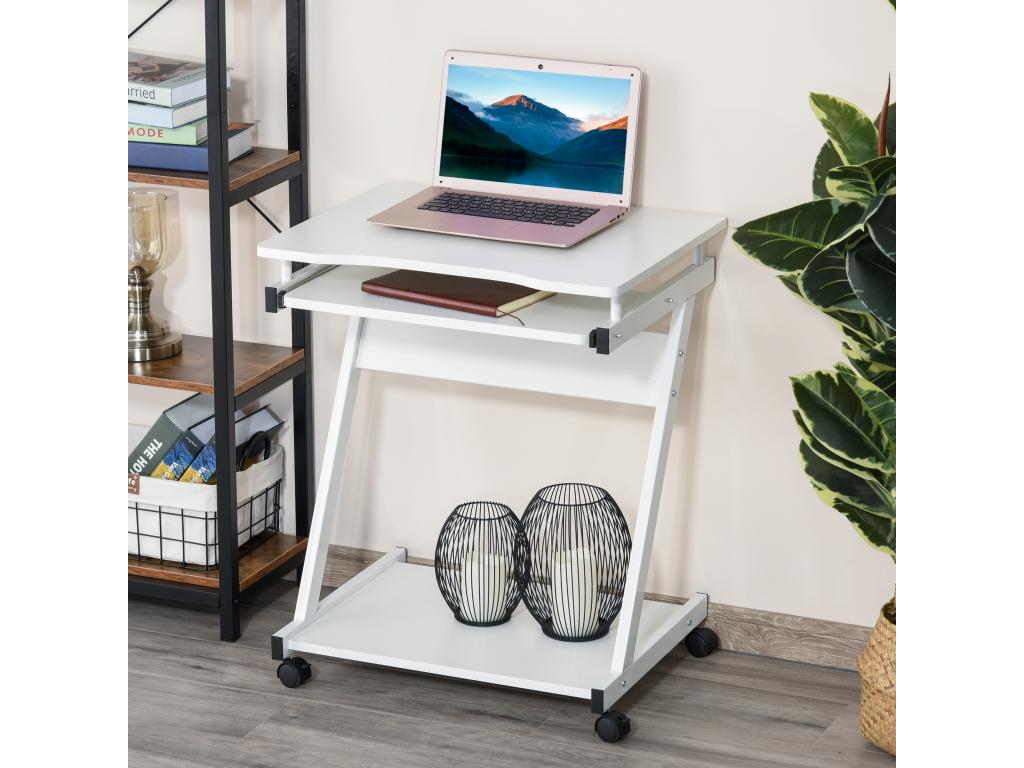 Bureau informatique roulant - bureau mobile - table d'ordinateur - tablette coulissante clavier étagère - blanc FERJ23932