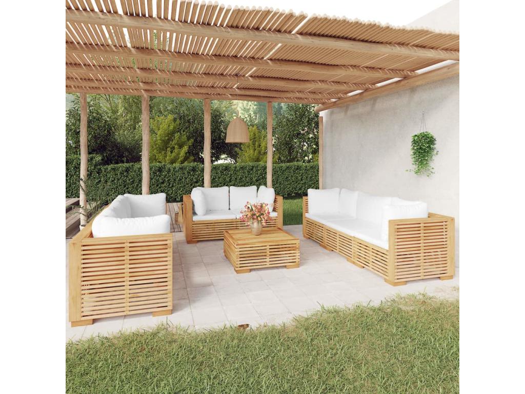 Salon de jardin 9 pcs avec coussins Bois de teck solide QSRP90314