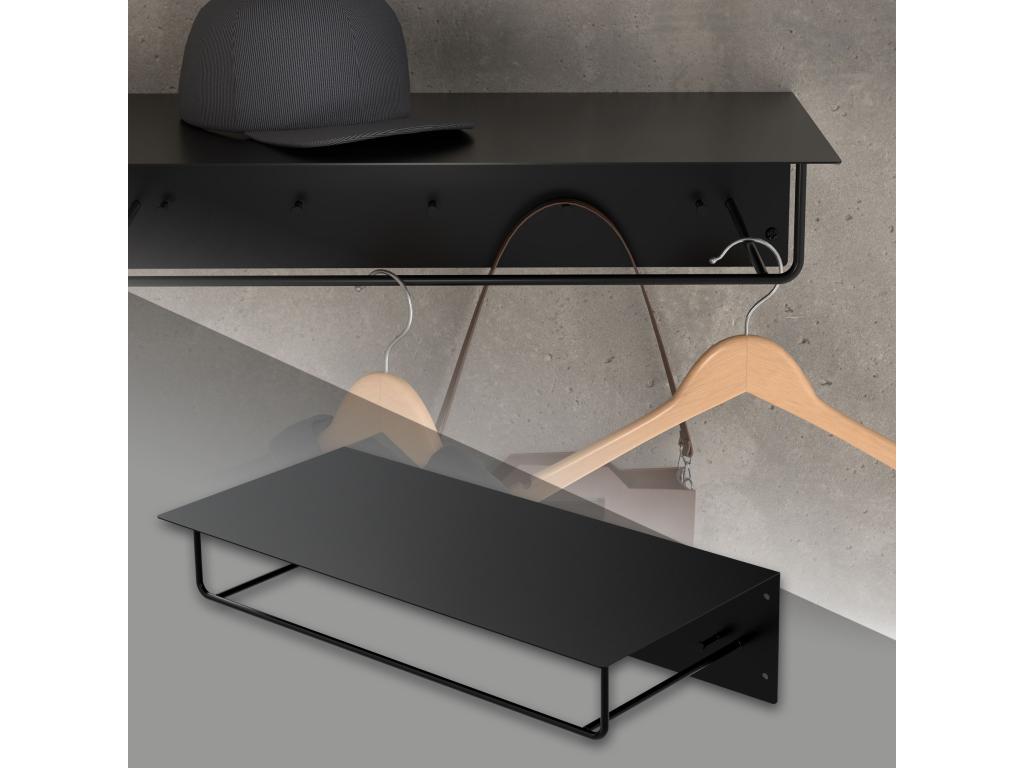 Portemanteau mural avec étagère barre de penderie porte-chapeaux en métal noir BQYM47972
