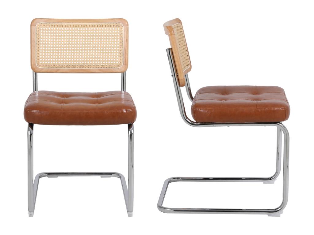 Lot de 2 chaises de salle à manger - style du milieu du siècle - en simili-cuir tapissées et en rotin - 50x61x86cm marron RJGP82965