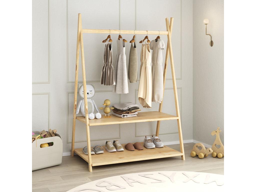 Penderie enfant Ventoriq avec tringle à vêtements et deux étagères design Ventoriq en bois massif 83x115x50 cm coloris naturel GRHS49322