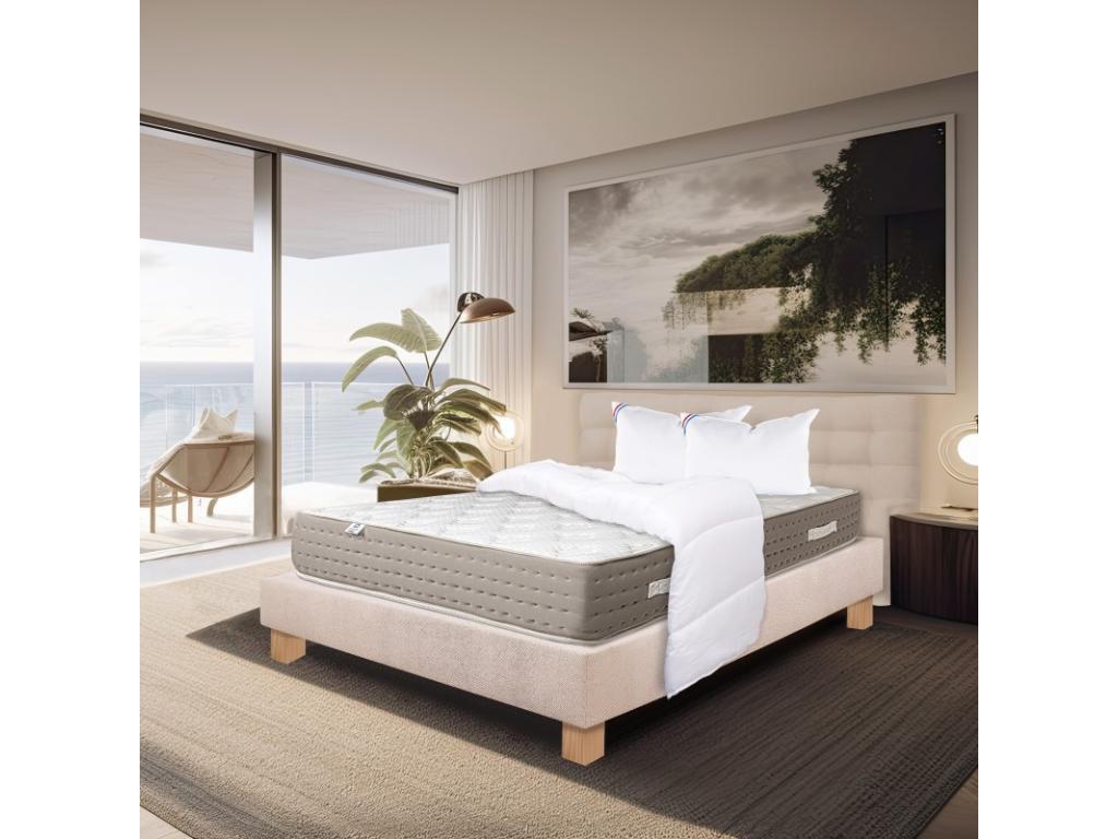 Ensemble Matelas Dreamlux 26cm ressorts ensachés ferme face été/hiver sommier beige ep20cm oreiller couette Tête de Lit 160x200cm WSJV20182