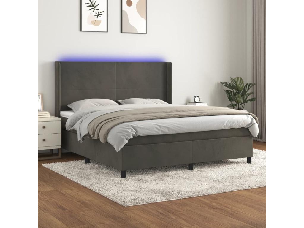 Sommier tapissier matelas et LED Gris foncé 180x200 cm Velours GOFJ22284