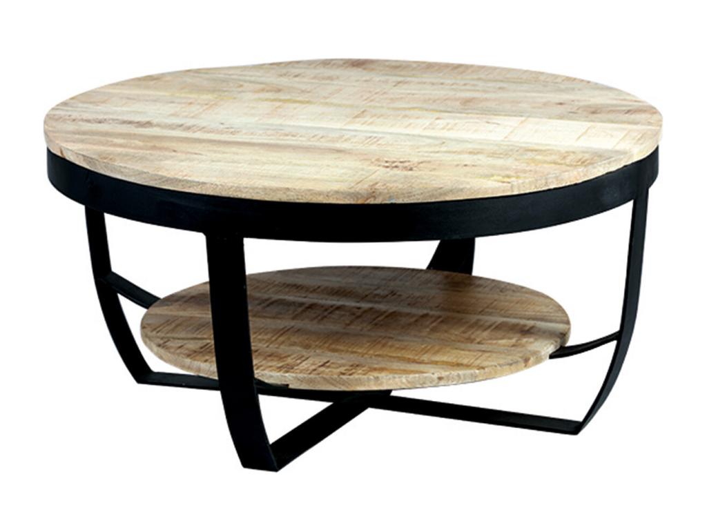 Ventoriq - Table Basse Ronde 80cm en Bois Massif et Métal Noir LHAR07617