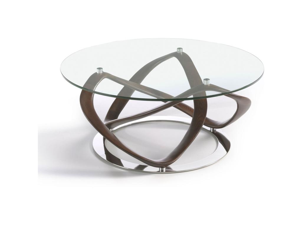 Table basse ronde plateau verre structure courbée bois massif base ronde acier chromé VGJA09044