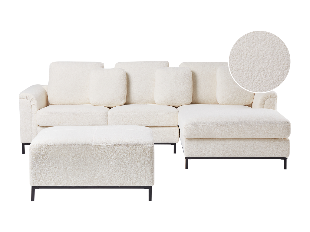 Canapé d'Angle à droite Salon Moderne en Forme de L avec Pouf Tapissé en Tissu Bouclé Blanc Ventoriq HSCG38858