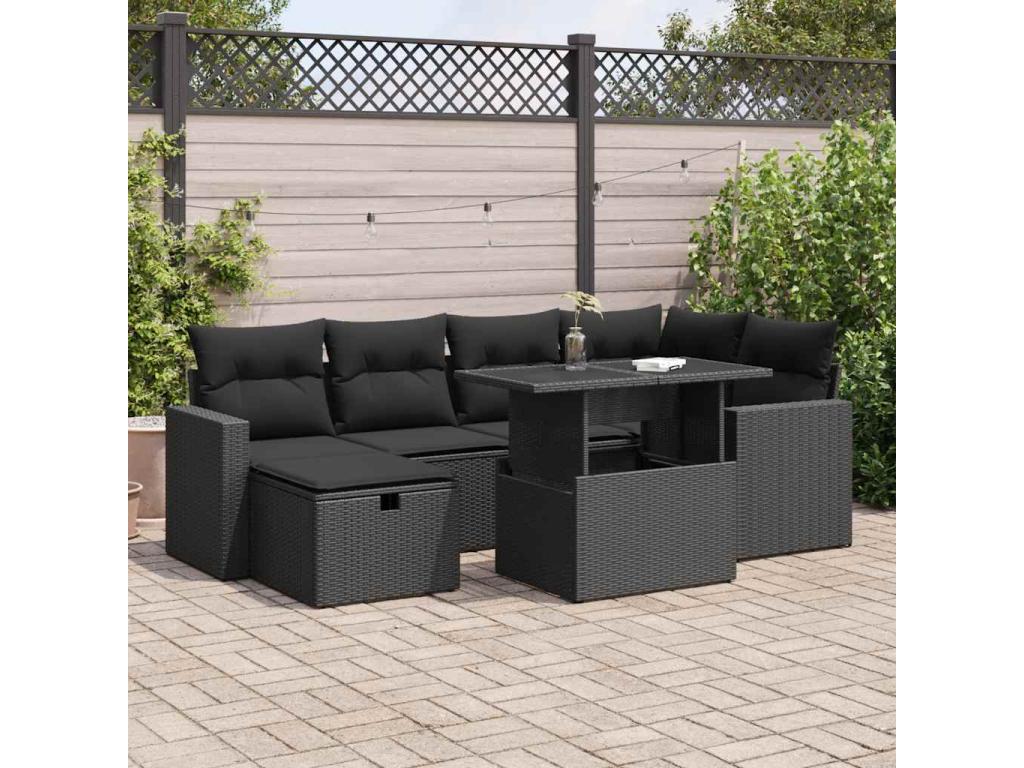 Salon de jardin 7 pièces avec coussins noir résine tressée BBJP29992