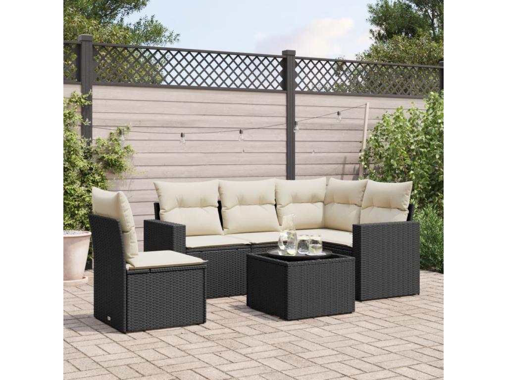 Salon de jardin 6 pcs avec coussins noir résine tressée OCPN59398