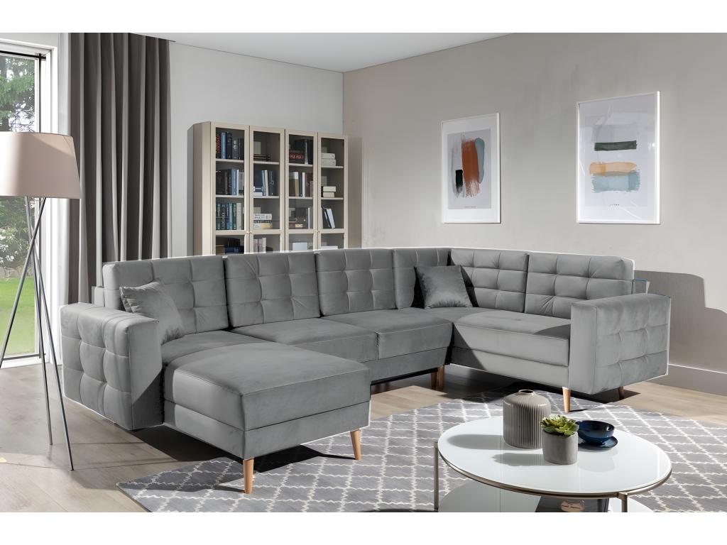 Canapé panoramique convertible - Ventoriq VELOURS - en tissu de qualité 5 places gris méridienne à gauche et angle à droite vu de face MIYE66766