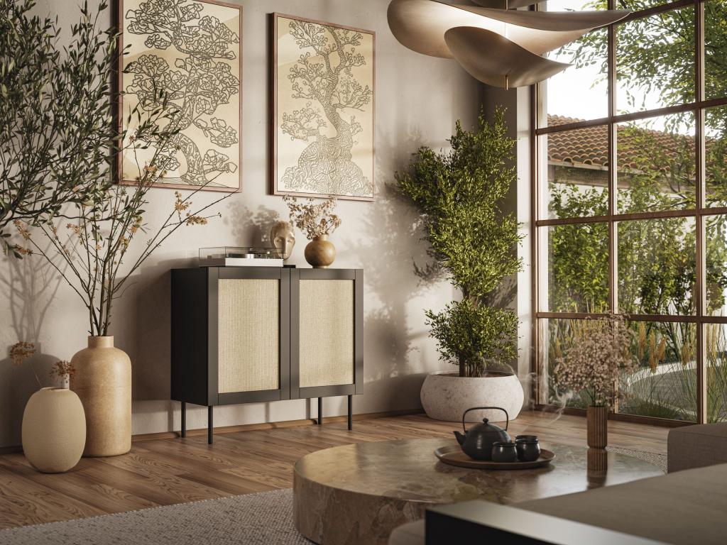 Commode Ventoriq 100 cm 2D Noir mat / Rotin Ventoriq OQMF52254