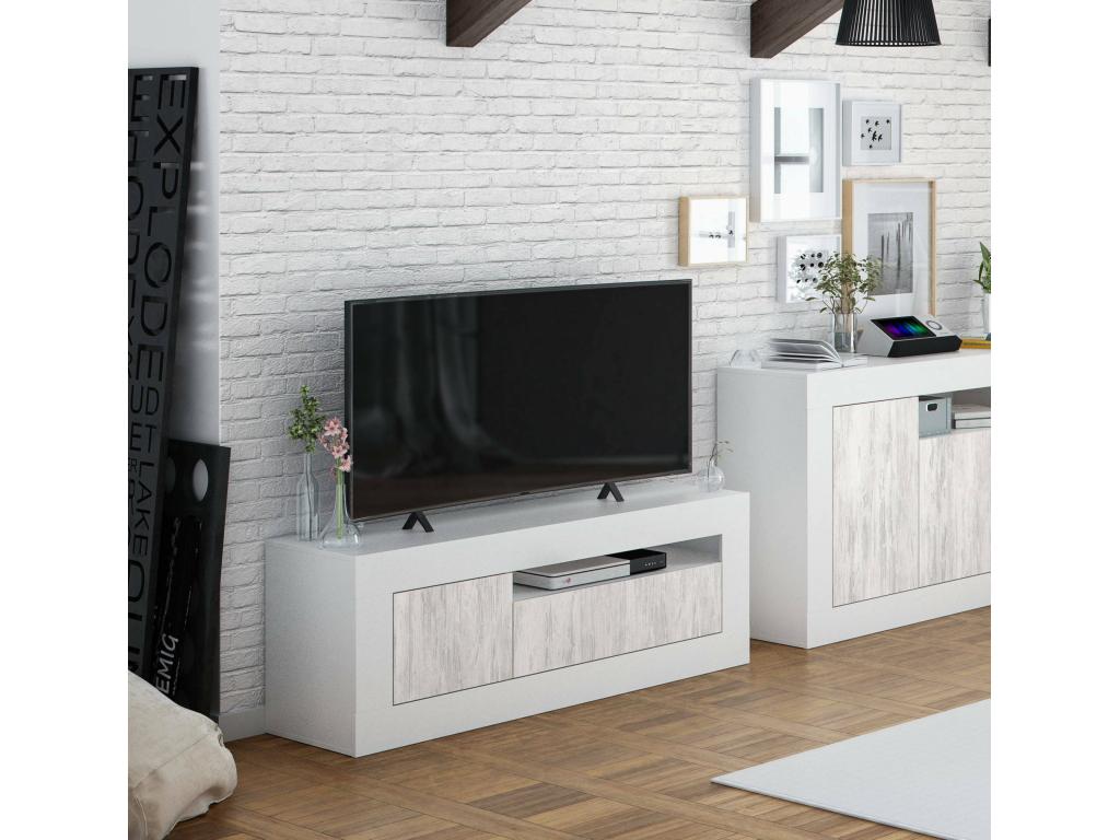 Meuble TV Boislis Buffet pour téléBoislis de salon Meuble TV 2 portes 139x42h53 cm Chêne et Blanc ZZKN37964