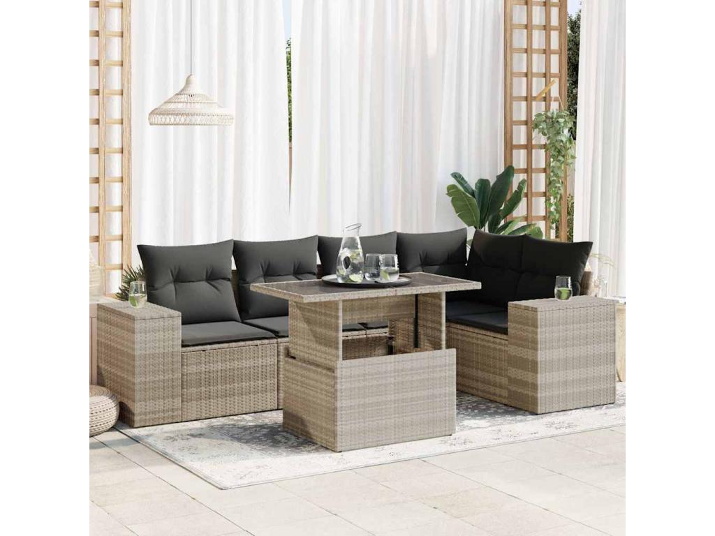 Salon de jardin 6 pcs avec coussins gris clair résine tressée SZCZ21002