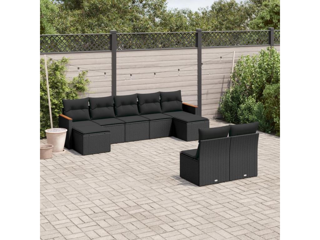 Salon de jardin 9 pcs avec coussins noir résine tressée BITW78251