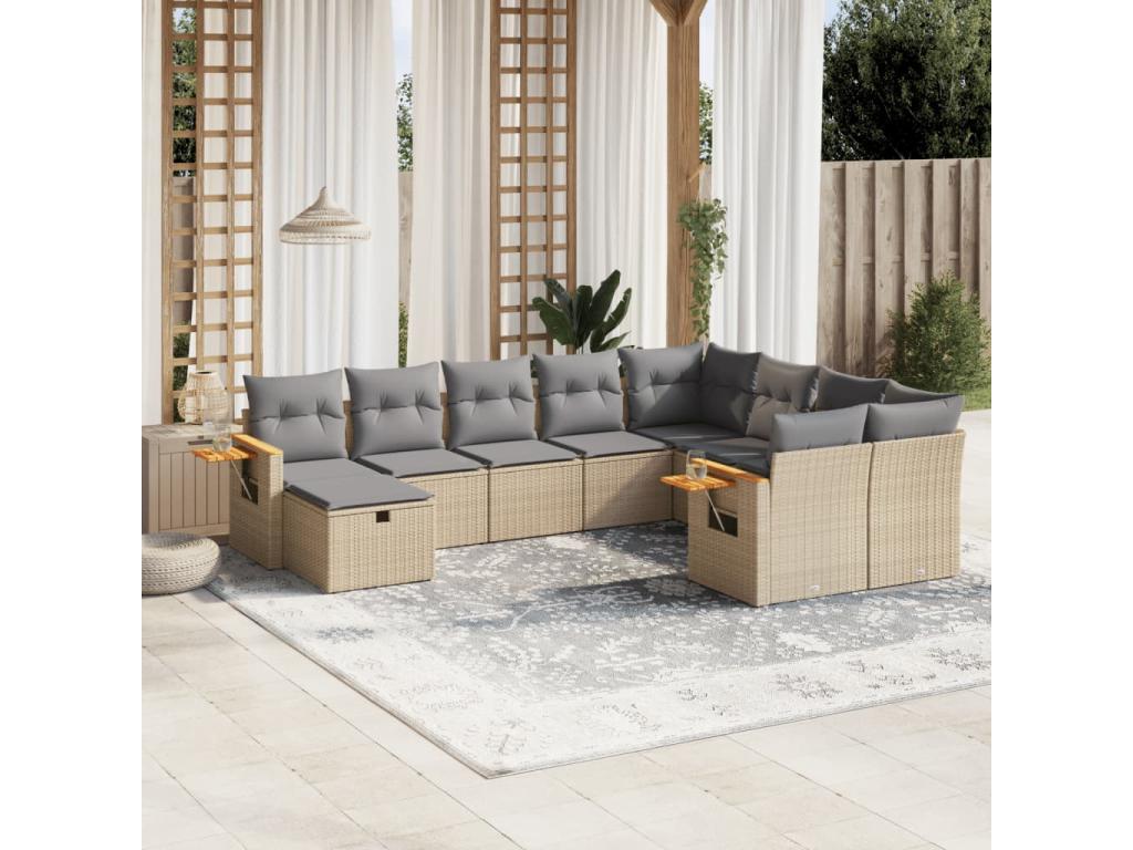 Salon de jardin avec coussins 10 pcs beige résine tressée JJWC14048