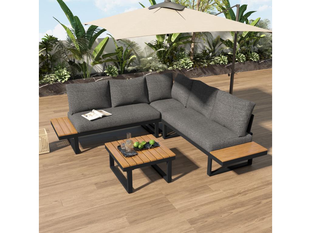Salon de jardin modulable en fer renforcé 1 canapé 2 places 1 canapé relevable 2 places 1 table basse - Gris FCNE68044