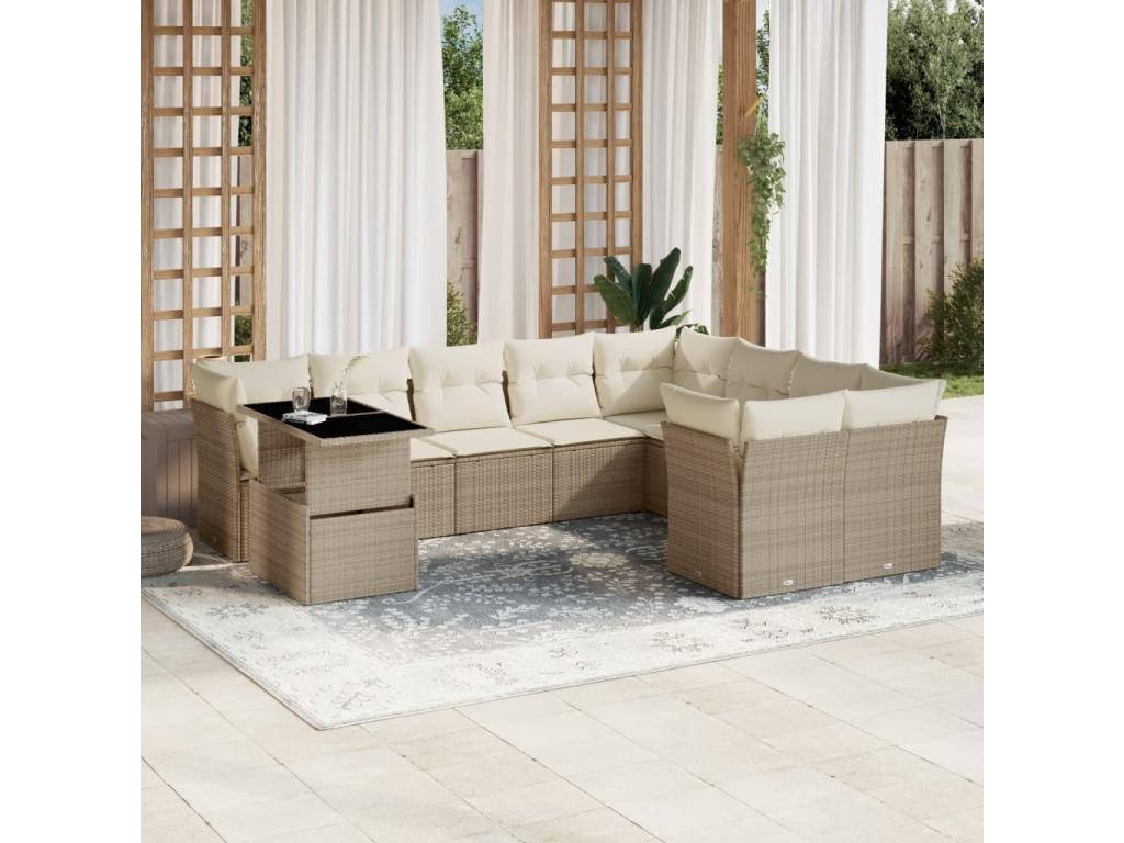 Salon de jardin avec coussins 10 pièces beige résine tressée KGRU04590