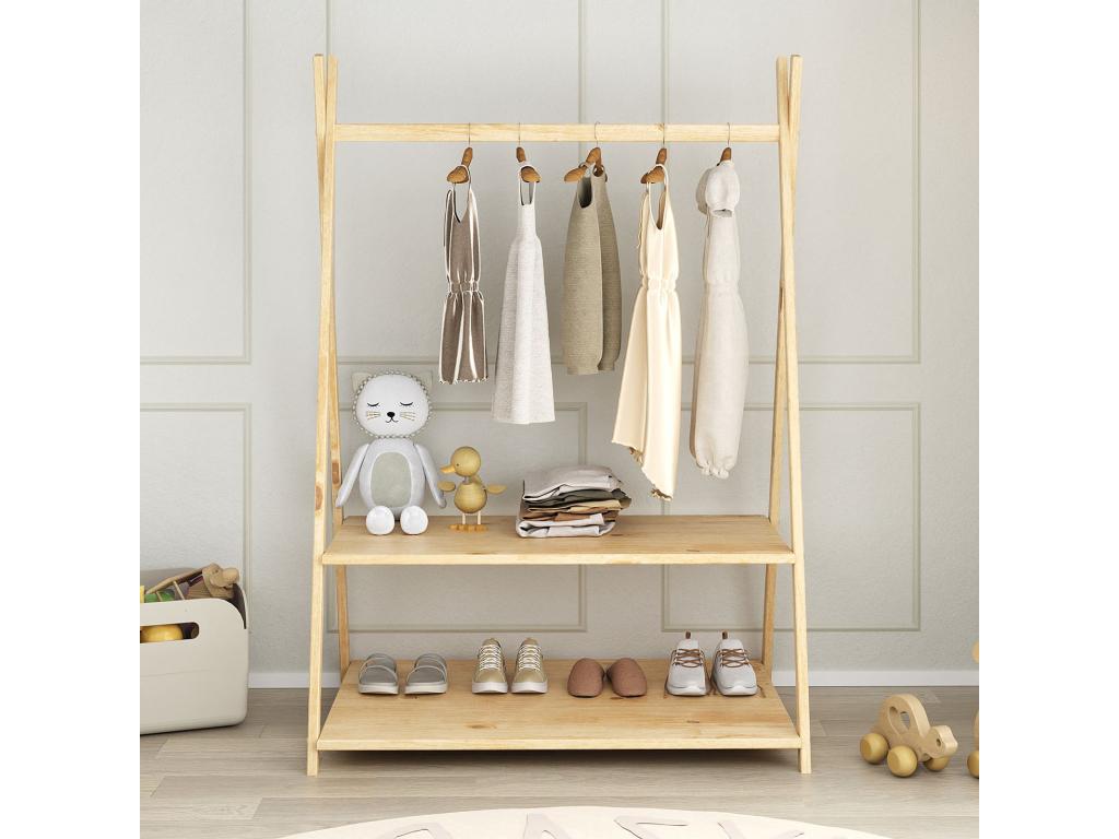 Penderie enfant Ventoriq avec tringle à vêtements et deux étagères design Ventoriq en bois massif 83x115x50 cm coloris naturel GRHS49322