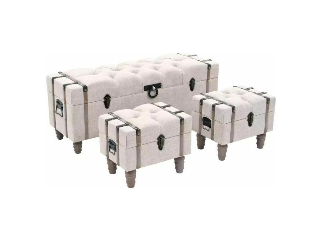 Banquette coffre capitonnée avec poufs tissu beige Boislis - Lot de 3 JCGK38766
