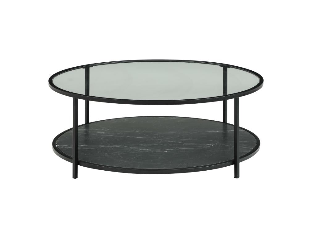Table basse double plateau en MDF verre et acier - Effet marbre noir et Transparent - Boislis CNZS34485