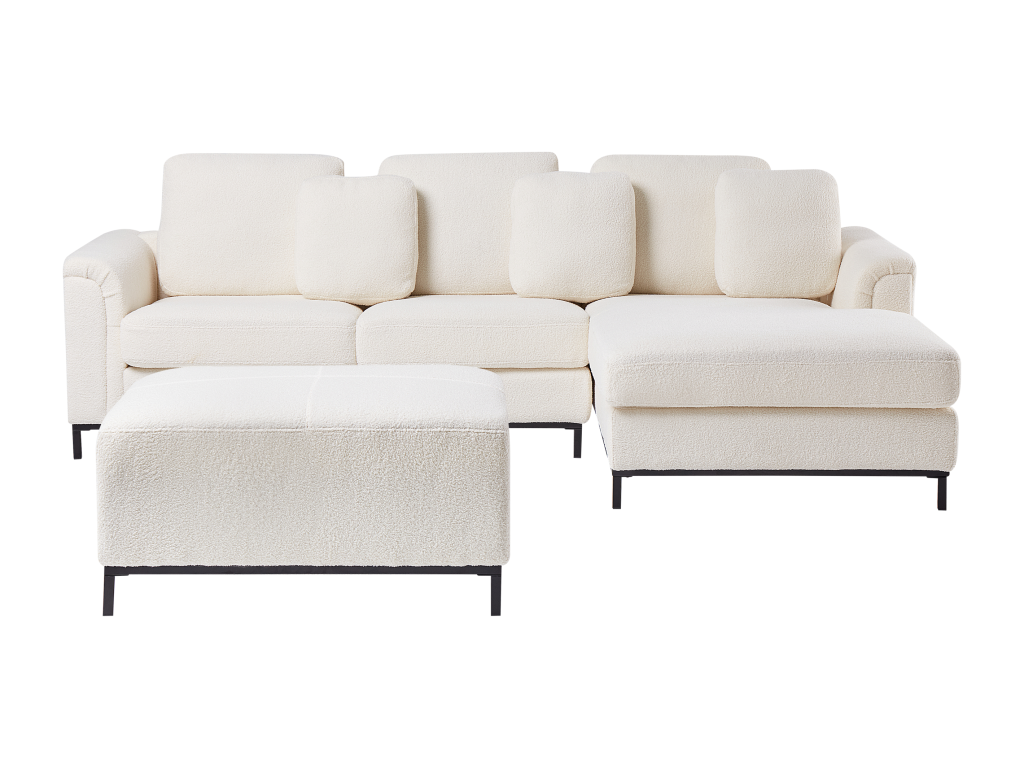 Canapé d'Angle à droite Salon Moderne en Forme de L avec Pouf Tapissé en Tissu Bouclé Blanc Ventoriq HSCG38858