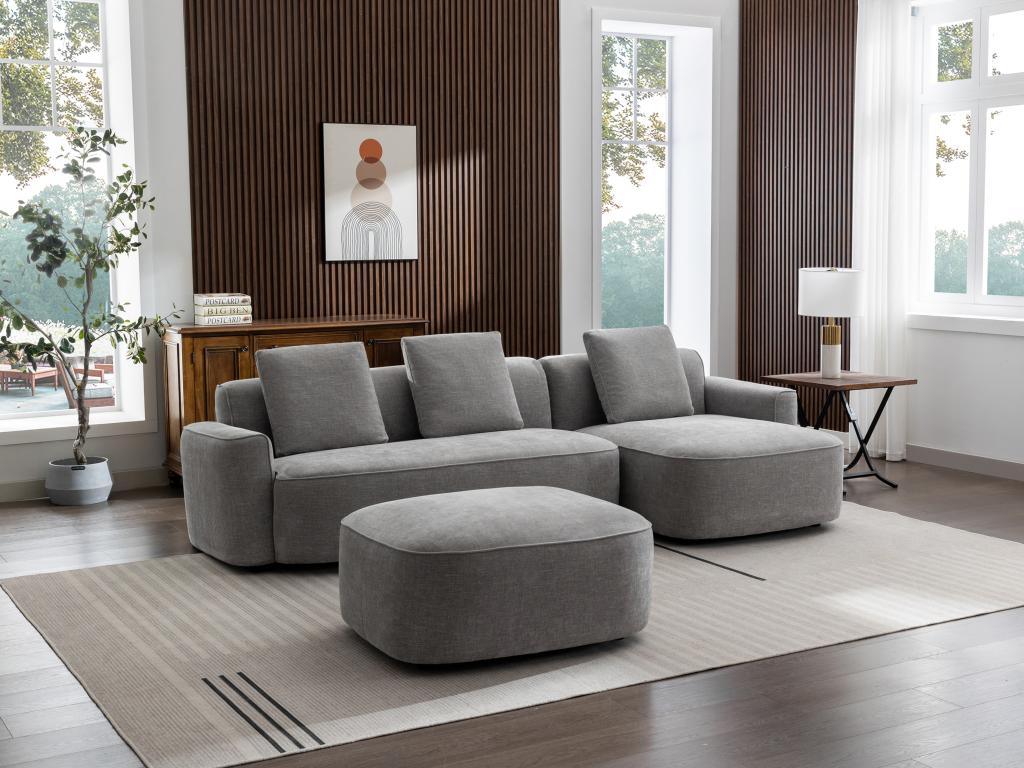 Canapé d'angle droit et pouf en tissu texturé gris POMIANGO BJIN73838
