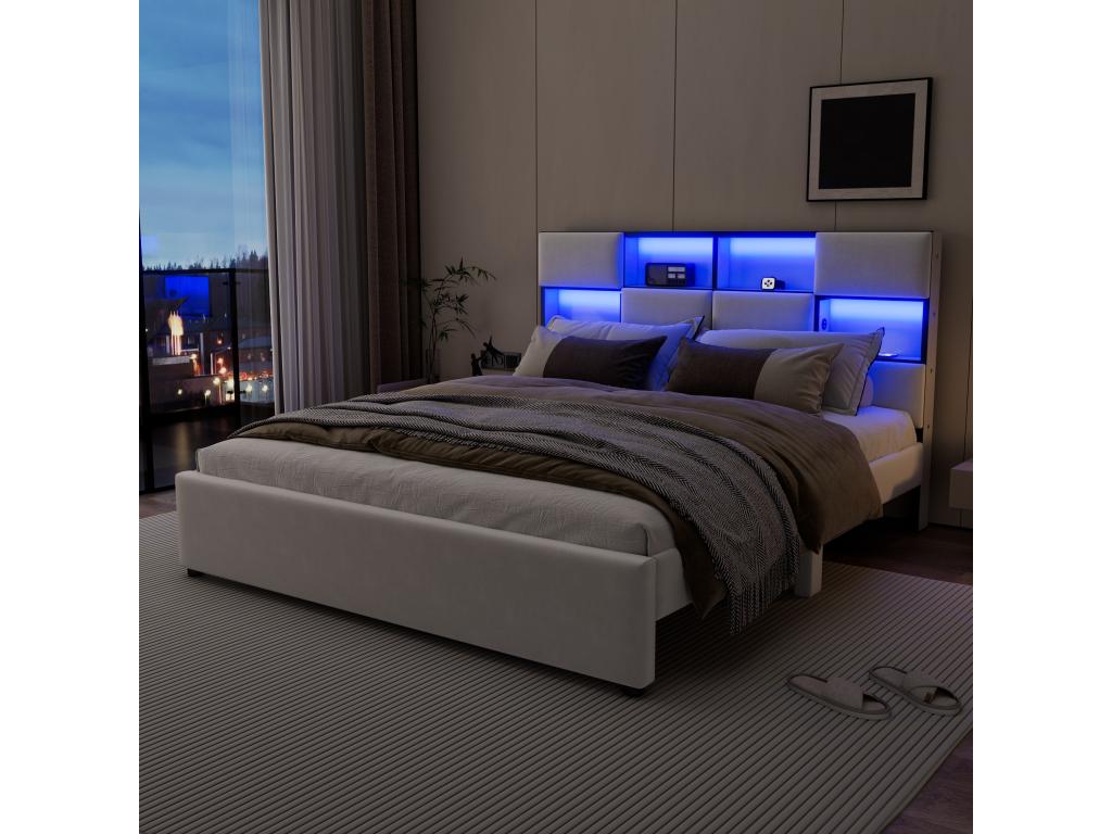 Lit double 160x200 cm - Tissu lin - Porte USB LEDs - Sommier à Boislis inclus - Beige TQEL28677