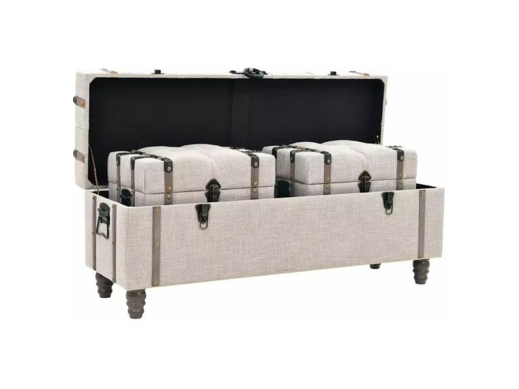 Banquette coffre capitonnée avec poufs tissu beige Boislis - Lot de 3 JCGK38766