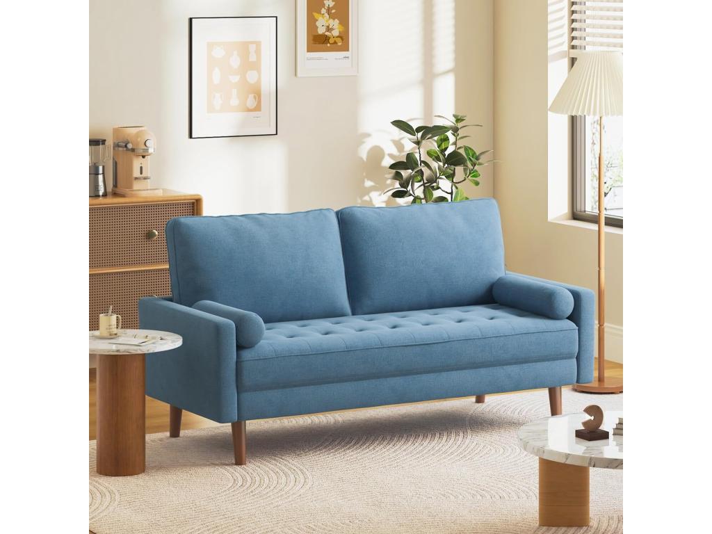 Canapé à 3 places en Tissu Lin Moderne avec Accoudoirs Pieds Bois Massif - 173x77x84cm - Bleu RAWD31744