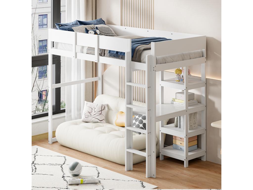 Lit mezzanine 90x200 cm avec étagère de rangement pour enfant - bois de pin et MDF - blanc ZPUH28338