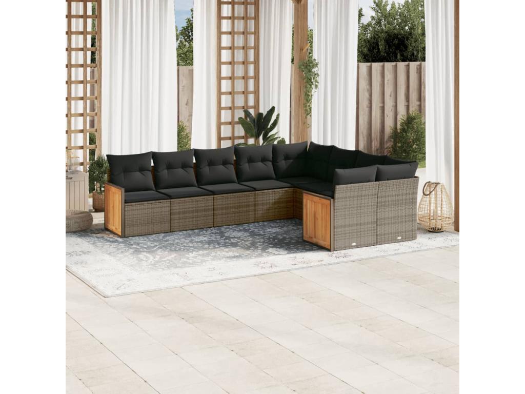 Salon de jardin 9 pcs avec coussins gris résine tressée GMED82433