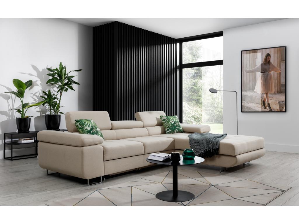 Canapé convertible d'angle droit tissu gris chiné et simili cuir noir avec rangement Ventoriq 280cm KLXK22522